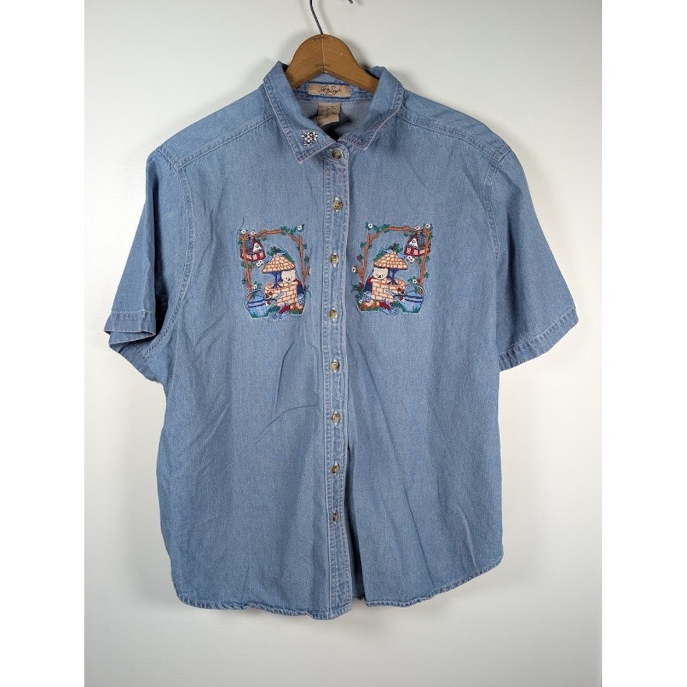 Vintage 90s Denim Button Down Shirt Women's XXL Garden Cottagecore Embroidered
